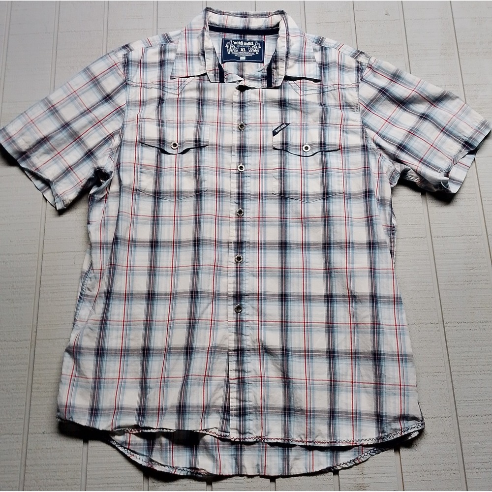 Marc ECKO Shirt Men's Size XL White Plaid Country Western Short Sleeve Button Up